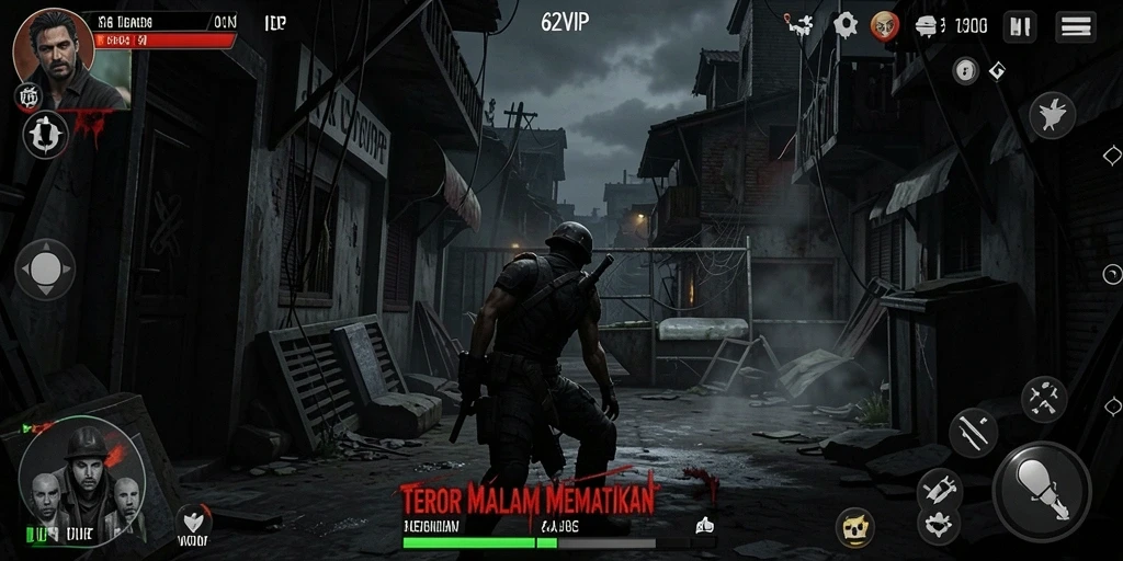 Tampilan gameplay mencekam dari 62VIP dengan suasana gelap.