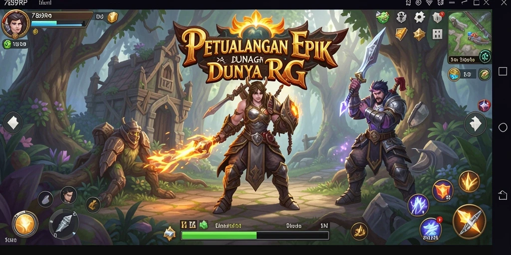 Screenshot menunjukkan aksi petualangan karakter dalam gameplay RPG yang menegangkan.