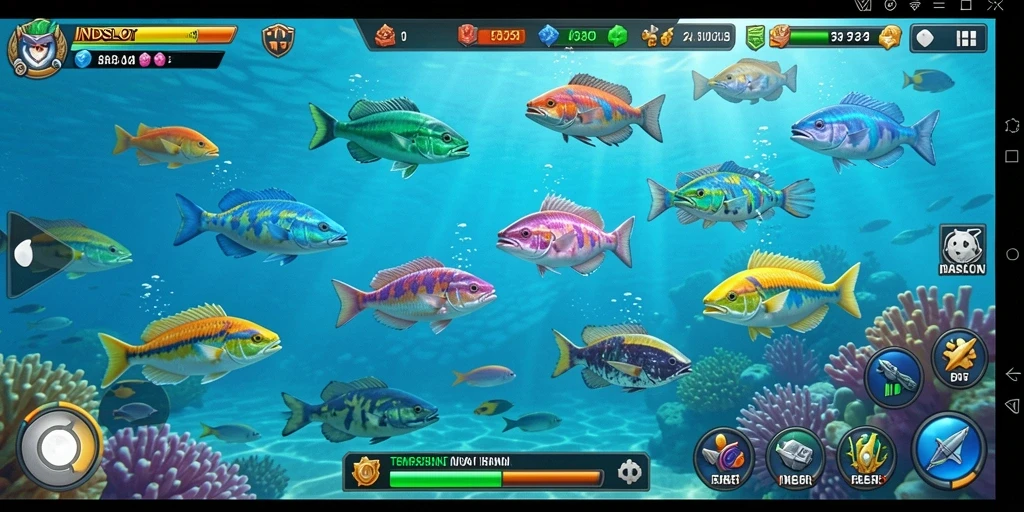 Tampilan gameplay seru dari INDSLOT dengan banyak ikan untuk ditembak.