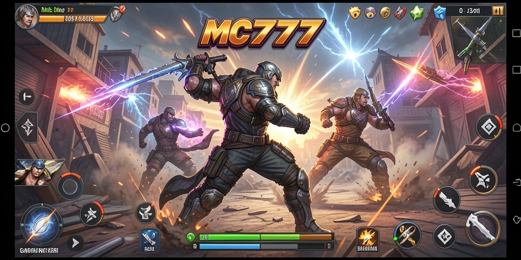 Tampilan gameplay seru dalam MC777 saat bertarung melawan musuh.