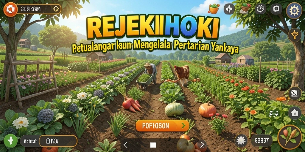 Screenshot gameplay REJEKIHOKI menampilkan kebun yang subur dan aktivitas bertani.